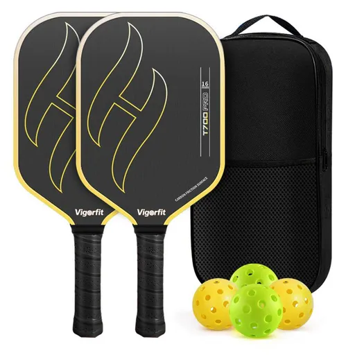 T700 Carbon Fibre Textured Pickleball Set - 2 Black & Yellow Lightweight Pro Paddles with 4 Balls and Carry Bag for Outdoor Training and Recreational Play