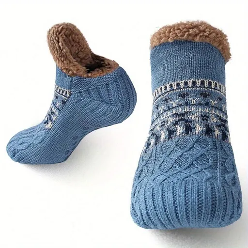 Men's Fleece-Lined Anti-Slip House Socks – Warm, Cozy, and Secure for Indoor Wear with Plush Sherpa Lining and Silicone Grip Dots (L, Blue)