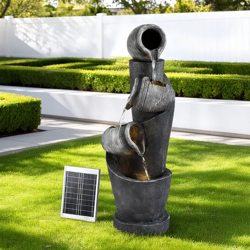 Gardeon Solar Fountain Water Feature Cascading Fountain 3-Tier Pot LED Lights 80CM Grey