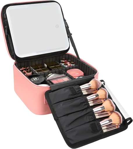 Portable LED Makeup Case with Mirror – Rechargeable 3-Color Light, 6 Adjustable Dividers, Brush Roll Holder, Waterproof PU Leather, Large Capacity Travel Cosmetic Organizer for Women, Includes Charging Cable (Pink)