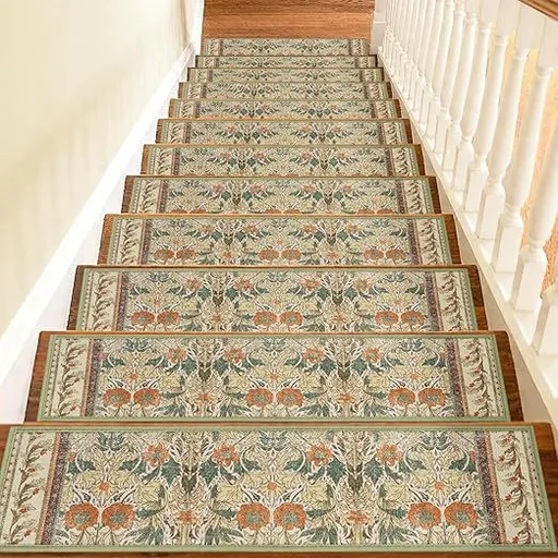 4 Pcs Yellow Vintage Floral Non Slip Stair Treads, Adhesive Carpet Runners for Wooden Steps Pets and Seniors, 8 x 30 in