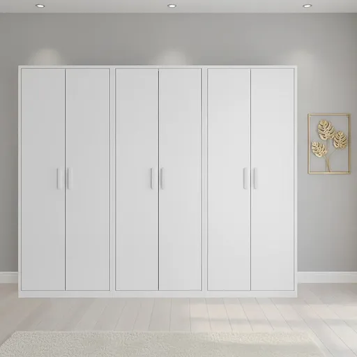 240x200cm 6-Door White Steel Hanging Wardrobe with White Handle Storage Cabinet