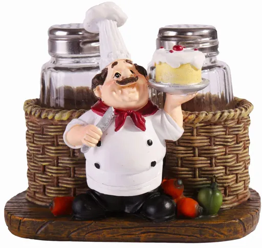 Salt and Pepper Shakers Set,Sitting Chef Decorative Statue Spice Organizer,Glass Spice Jars with Holder Figurine Gift