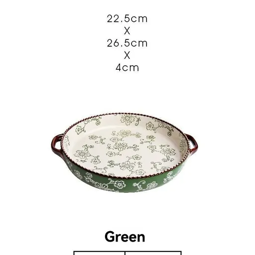 ceramic serving plate, double handled baking dish, pizza pan, cherry blossom pattern, underglaze color, home kitchenware, oven safe dish, baking tray, serving platter, Australian kitchen - Green - Size 8.8inch