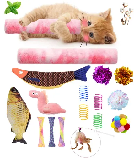 Cat Toy Set Interactive Kitten Toys 14 Piece with Fish Catnip Spiral Spring Tube Crinkle Balls for Indoor Exercise