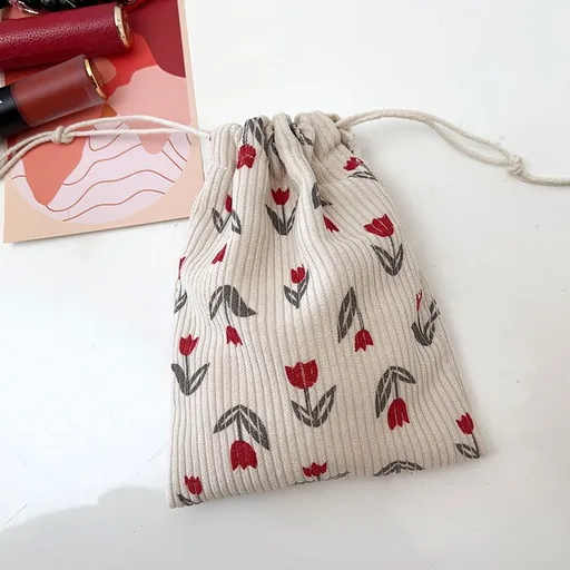 Corduroy Storage Bag Cube Travel Organizer BYBY-195 Red Flower