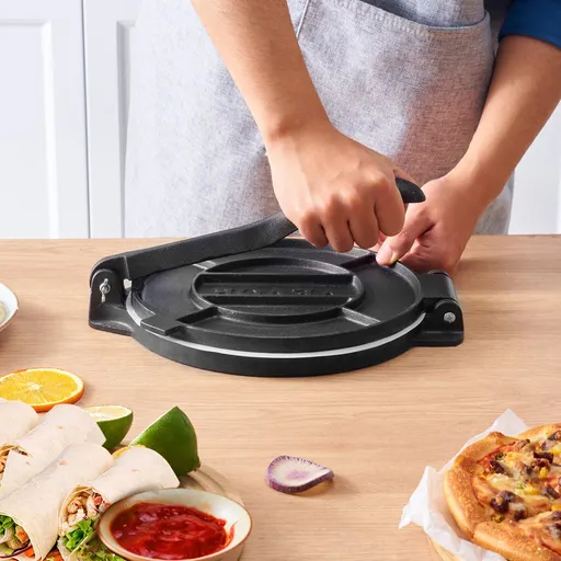 200mm Cast Iron Tortilla Press Heavy Duty Tortilla and Roti Maker Pre Seasoned Tortilladora with 100 Pcs Parchment Paper for Flour Tortillas Tawa Silver