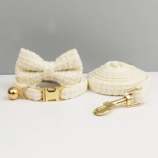L White 3 Piece Luxury Tweed Cat Collar and Leash Set with Removable Bow Tie & Bell Adjustable Neck Strap for Kittens Small Dogs Elegant Walking Gear