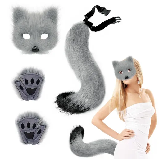 3 Pcs Set Festival Animal Mask Gloves Plush Animal Tail Handmade Beast Tail Cosplay Props Accessories Gray