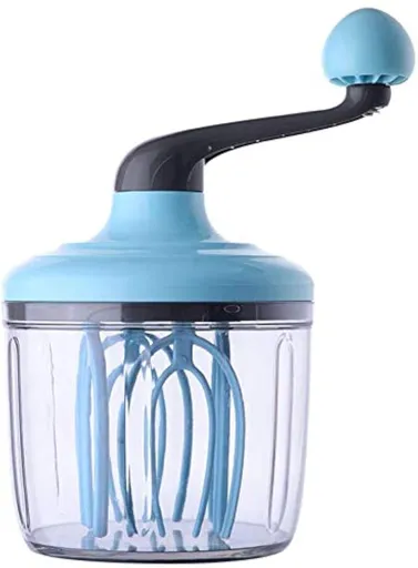 Hand-Crank Egg Beater with 4-Axis Stir Bar – Manual Kitchen Mixer for Whipping Cream, Eggs & Batter – Food-Grade Plastic & Stainless Steel Design (Blue)