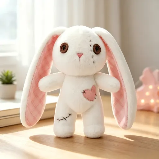 Dark Gothic Button Lop-Eared Bunny Plush Toy, PP Cotton Filled for Plump Bounce, 24cm Palm-Sized, Vintage Button Eyes & Plaid Long Ears, Quirky-Cute & Healing, Perfect Creative Halloween Gift!(white)