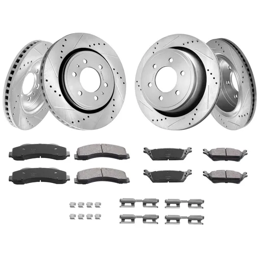 Front and Rear Brake Kit Compatible with 2012-2020 Ford F-150(MPB Only), Drilled and Slotted Brake Rotors Ceramic Brake Pads Replacement, 13.8" Front Rotors 13.7" Rear Rotors