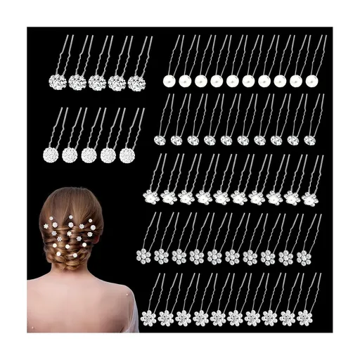 60 Pcs 7 Styles Silver Bridal Wedding Hair Pins, Flower Hair Clips for Women, U Shaped Crystal Pearl Hair Clips, Suitable for Brides, Bridesmaids, Women's Wedding Hair Accessories