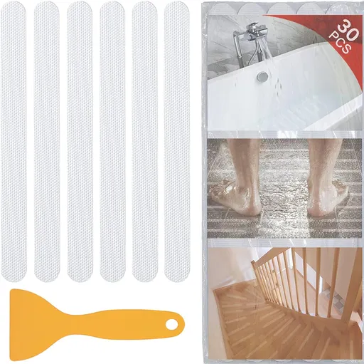 30 PCS Non Slip Shower Stickers, Safety Adhesive Strips Treads for Bathroom Floor Tub Stairs Ladders Pools Boats, Bathtub Appliques Adults & Kids with Scraper (Clear) Clear -