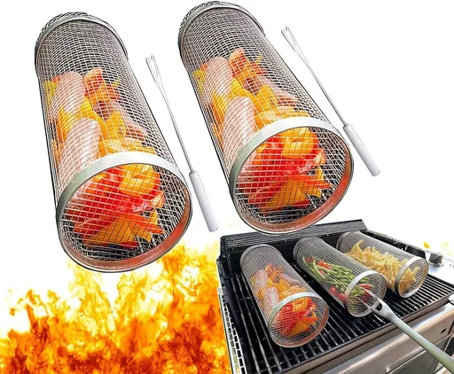 2 Pieces Stainless Steel 304 BBQ Grill Baskets, Cylindrical Mesh Barbecue Cages for Smokers, Kitchen and Outdoor Cooking