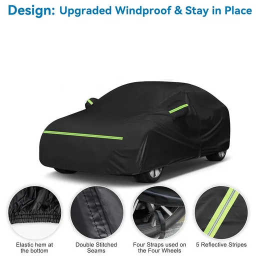 Waterproof Double-Layer Polyester Car Cover with Reflective Strips, Windproof Straps, Driver-Side Zipper, and All-Weather Protection for Outdoor Parking (XL)