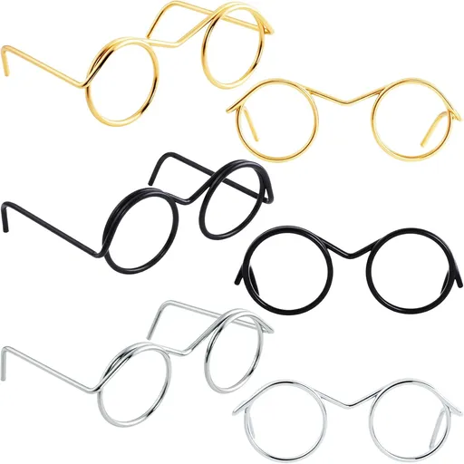 6pcs Mini Metal Doll Glasses, Small Round Glasses for Dolls Making, Tiny Dog Cat Eyeglasses Decorative Supplies Accessories for DIY Projects Costume Cosplay- Gold & Silver & Black