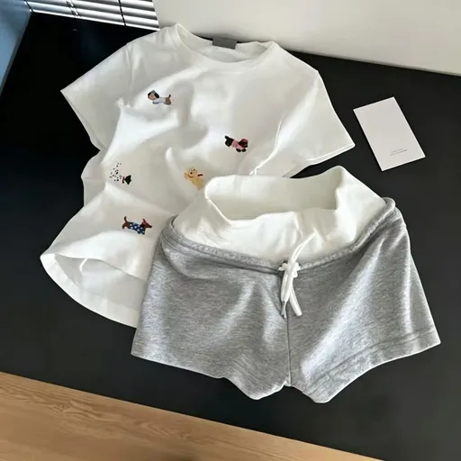 White Tee Gray Shorts Set Size M | Two-Tone Premium Pajama Set | Christmas Minimal Contrast Gift | Simple Chic Casual Loungewear Wearable Out