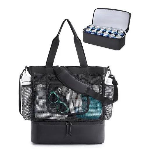 16.5 x 7.9 x 18.9" Black Beach Travel Mesh Tote Bag with 14L Insulated Drink Compartment - Multi Pockets Sandproof Beach Picnic Bag with Picnic Mat Strap, Cup Holder and Waterproof Phone Pocket
