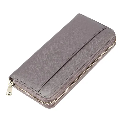 Grey Premium Genuine Leather RFID Blocking Long Wallet - Unisex Multi-Card Organizer Clutch with Zip-Around Closure