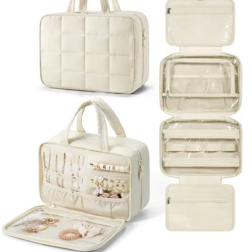 Large Capacity Hanging Travel Toiletry Bag with Jewelry Organizer, Multi-Layer Cosmetic Makeup Storage Case, Portable Nylon Toiletry Organizer for Home and Travel Use (L, Beige)