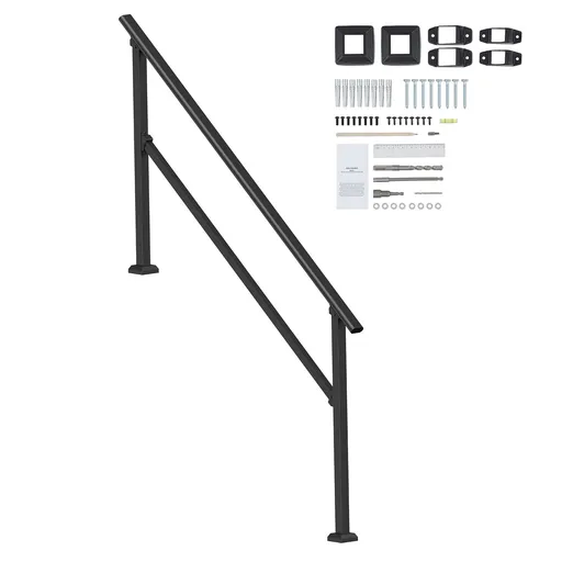 Handrails for Outdoor Steps, 5 Step Stair Hand Rail Kit, Transitional Carbon Steel Railings with Installation Kit, Stair Rails for Seniors, Concrete Steps & Porch & Deck, Black Square Tube