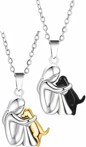 2-Piece Girl and Dog Pendant Necklace Set, Silver with Gold and Black Accents, 1.5 x 1.4 cm