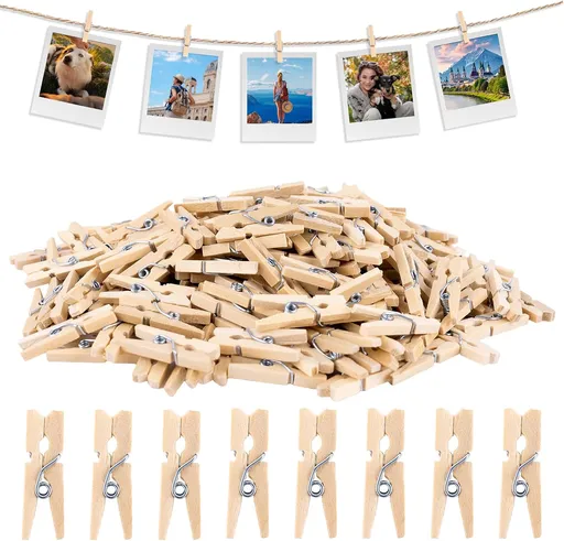 Mini Clothespins for Photo - 200 Pcs 1 Inch Small Natural Wooden Clothes Pins for Crafts with 33 FT Jute Twine Mini Photo Clips for Photos Display Cocktail Decoration