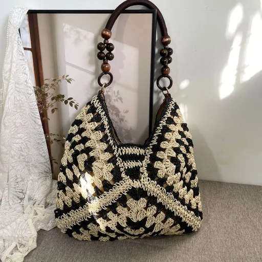 Fashion Handmade Crochet Straw Shoulder Bag, Black Mixed Color Paper Rope Woven Purse, Multi‑Scene Beach Travel Handbag, Christmas Halloween Ladies Casual Gift