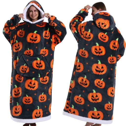 Grey Pumpkin Style Oversized Hooded Blanket for Adults - Ultra Soft & Warm Wearable Fleece Throw with Giant Pocket, Perfect for Winter, Christmas & Valentine's Day