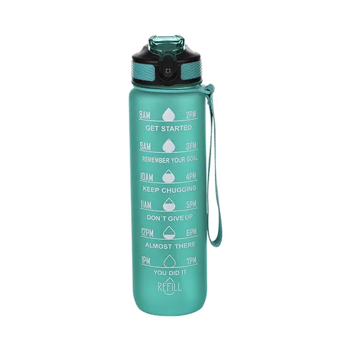 32Oz Water Bottle with Time Markers, Carry Strap, Leak-Proof for Fitness, Gym, Camping, Outdoor Sports Green