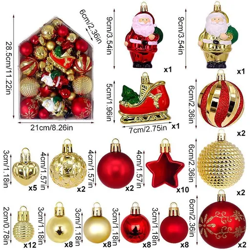 72 Piece Christmas Assorted Ornaments Set Electroplated Painted Baubles Santa Sleigh Star Pendants Gold Red Color Matching