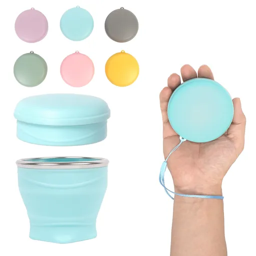 Collapsible Silicone Travel Cup with Lid and Carry Lanyard, Reusable for Hot and Cold Drinks, Camping and Daily Commuting, Blue