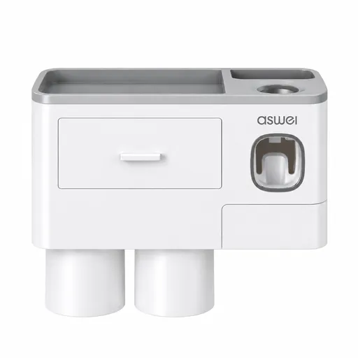 Gray Wall-Mounted Bathroom Organizer with Automatic Toothpaste Dispenser - Includes 2 Magnetic Rinse Cups, Storage Drawer & Toothbrush Holder