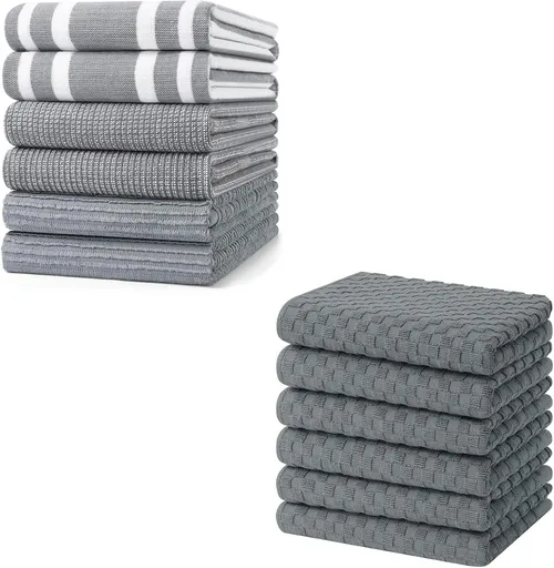 Homaxy Premium Kitchen Towels(18”x 28”, 6 Pack, Grey) and Terry Kitchen Towels(15" x 25", 6 Pack, Dark Grey), 380 GSM Reusable Tea Towel with Hanging Loop