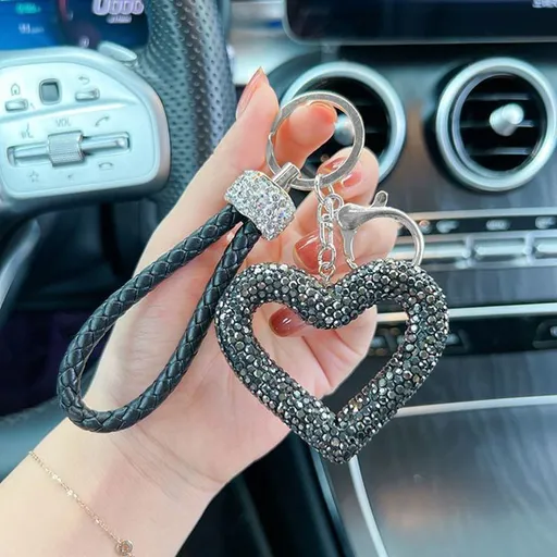 red heart keychain, hollowed-out clay keychain, full diamond keychain, car key accessory, women's fashion accessory, Australian fashion, gift for her, sparkly keychain, clay keyring - Black - Size White diamond leather cord