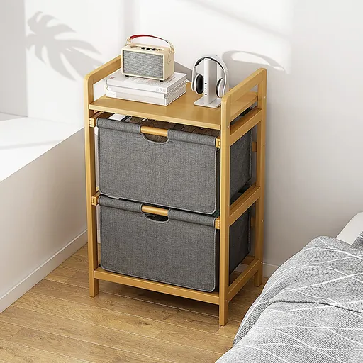 Bamboo Shelf with Storage Hamper – Wooden Organiser with 2 Laundry Bags