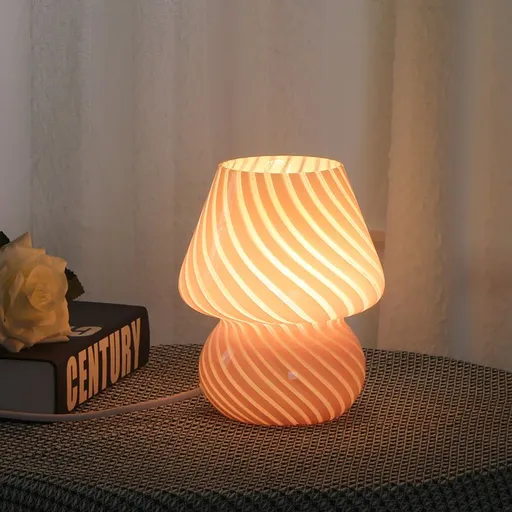 Pink Striped Retro All Glass Mushroom Table Lamp - American Style Creative Bedside Nightstand Ambient Light, USB Plug with 3-Color Switching and Brightness Dimmable