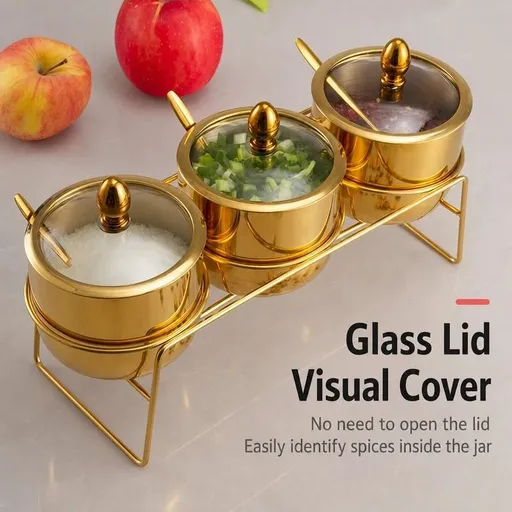 304 Stainless Steel Golden Seasoning Jar | 270ml Large Capacity with Visible Glass Lid, Dustproof & Moisture-Proof with Spoon Holder, First Choice for Kitchen Luxury Storage/Golden combination of 3 loading bridges (spoon delivery)