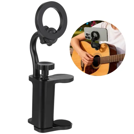 Metal-Gripping Guitar Phone Holder, 360° Rotatable Adjustable Smartphone Mount, Fits 2.36-4.13 in Thick Guitar, Bass and Ukulele, Ideal for Live Streaming, Video Recording & Music Teaching