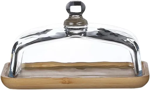 Mini Cake Stand with Glass Dome - Wooden Serving Board for Cupcakes Cheese - Butter Dome as Kitchen Decoration Gift