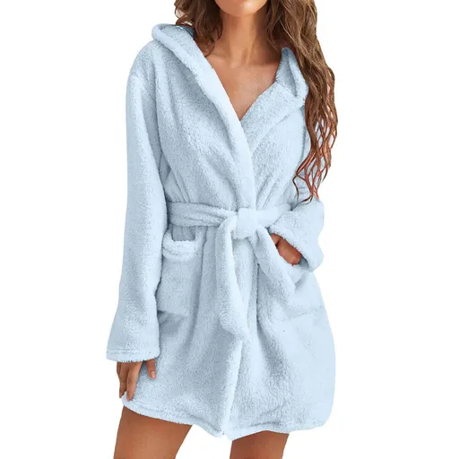 Blue 5XL Size Women's Ultra-Thick Plush Robe with Large Hood & Pockets - Warm Winter Double-Layer Sherpa Fleece Lounge, Bathrobe & Nightwear