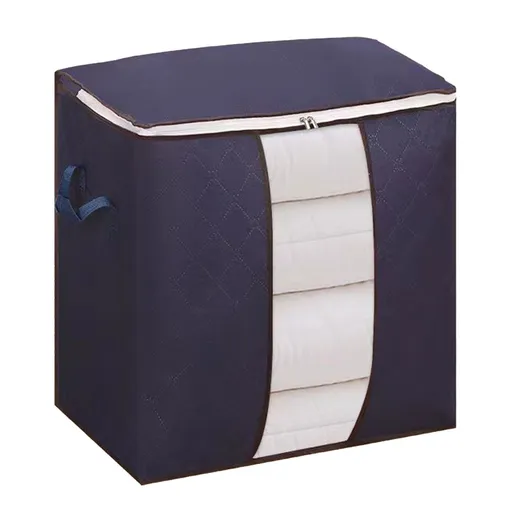 Clothes Storage Bag Thickened Nonwoven Reusable Dust Proof Large Capacity Multifunctional Double Zippers Clothes Storage Container for Quilt Blanket Navy Blue Vertical 50x48x28cm