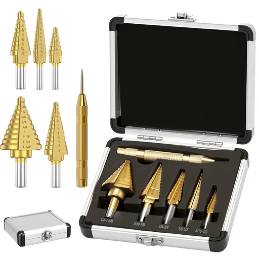 6-Pack Titanium Coated Step Drill Bits – Wear-Resistant, Dual Flutes, Ideal for Metal, Wood & Plastic, Includes Aluminum Storage Case