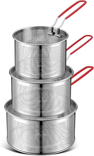 3 Pack 304 Stainless Steel Pasta Strainer Baskets, Removable Long Handle Noodle Blanchers