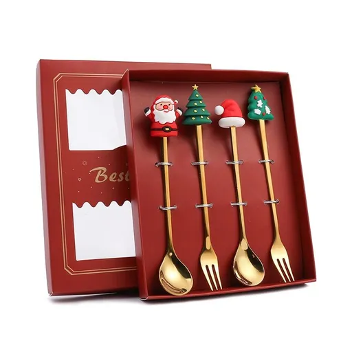 Christmas Spoon Fork Set Stainless Steel Cute Santa Christmas Tree Shaped 4 Piece Decor Tableware Red Box