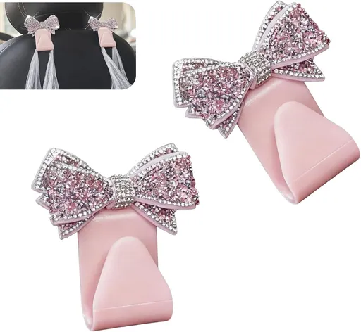 2 PCS Car Bling Seat Headrest Hooks, 3D Butterfly Bow Rhinestone Decoration Hook, Multi-function Storage Hanger for Purses and Bags, Cute Organizer for Car Rear Seat (Pink)