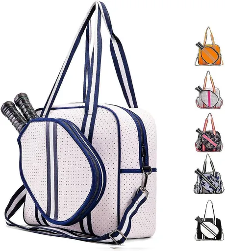 Pickleball Bag Tote Crossbody Shoulder Bag with Adjustable Strap Multi-Compartment Sports Racket Bag - White