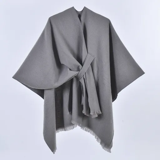 Grey Elegant Soft Knit Poncho Cape - Warm Autumn Winter Shawl Wrap with Side Tie, Thick & Luxurious Feel