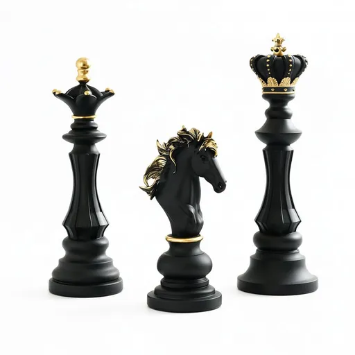 Luxury Resin Chess Piece Statues Set of 3 - King, Queen & Knight Horse Head Sculptures with Gold Trim - Classic Strategy Game Art Decor for Living Room, Study, Office & Bar Cabinet（Black）